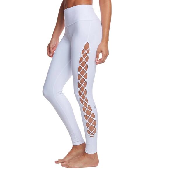 ALO Leggings M Yoga Interlace Lace Up High Rise Stretch Yoga Workout Gym White - Picture 1 of 15
